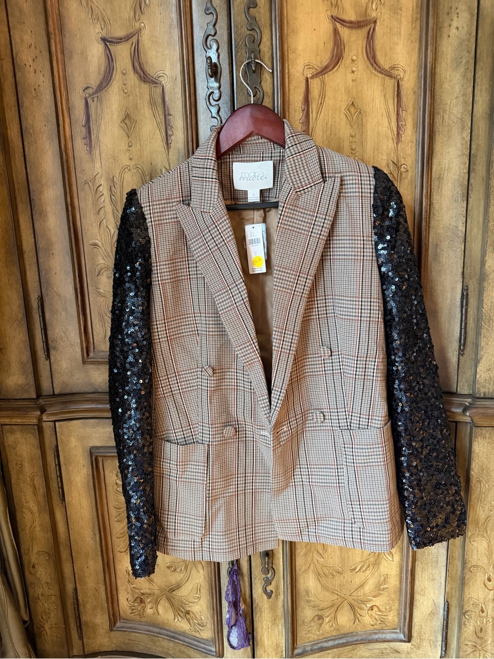 MARE MARE Plaid Blazer with Black Sequin Sleeves